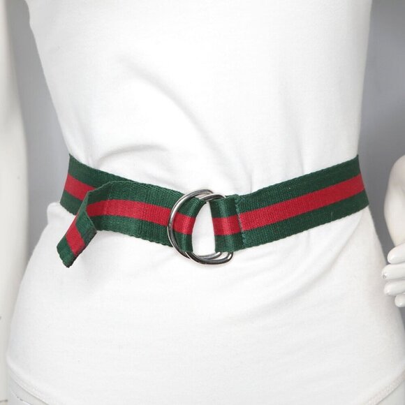 Canvas Cotton Stripe Double D-Ring Belt Green Red Casual Classic Unisex - Picture 3 of 4
